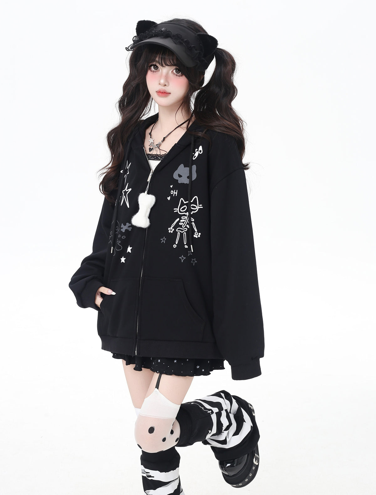 Cat Ear Bow Graphic Zip Hoodie