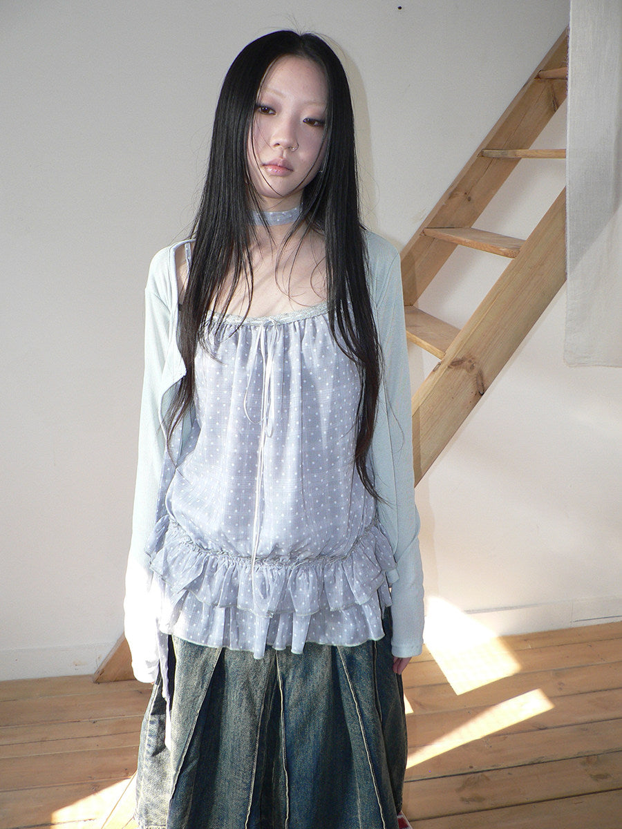 Polka Dot Ruffle Camisole & Cardigan Set with Scarf