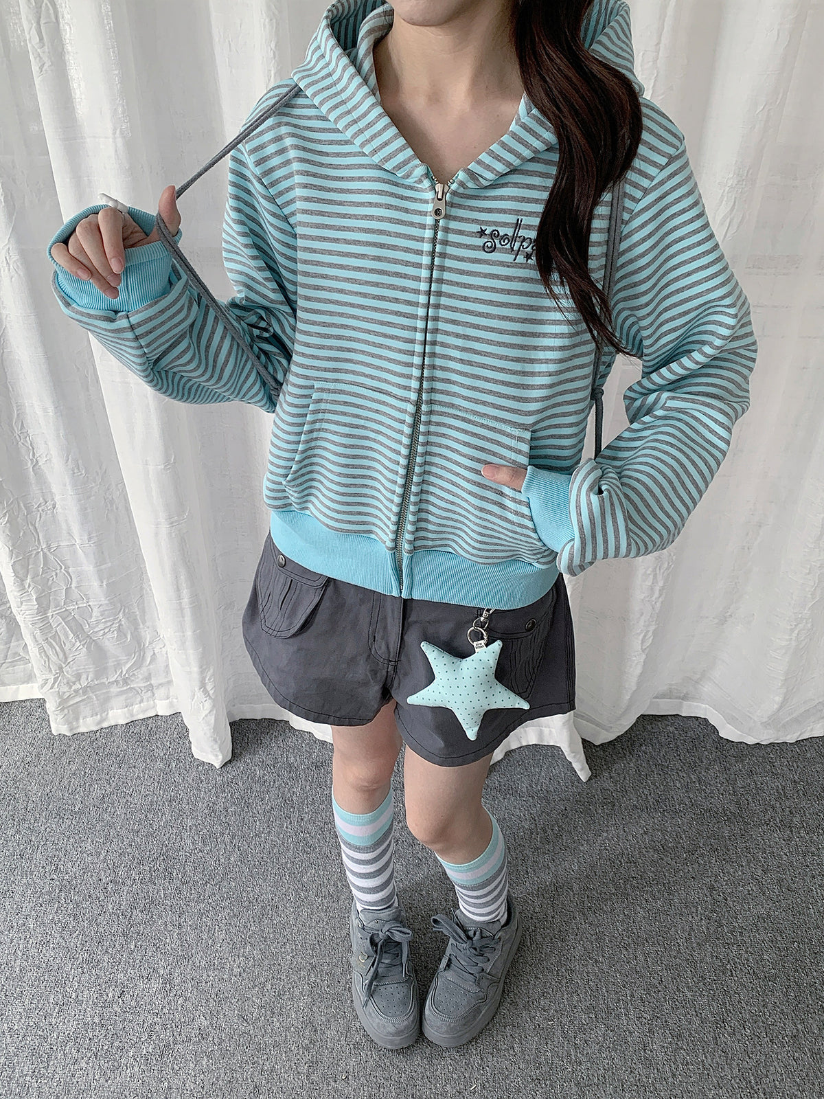 Mint Stripe Zip-Up Hoodie & Gray Utility Shorts