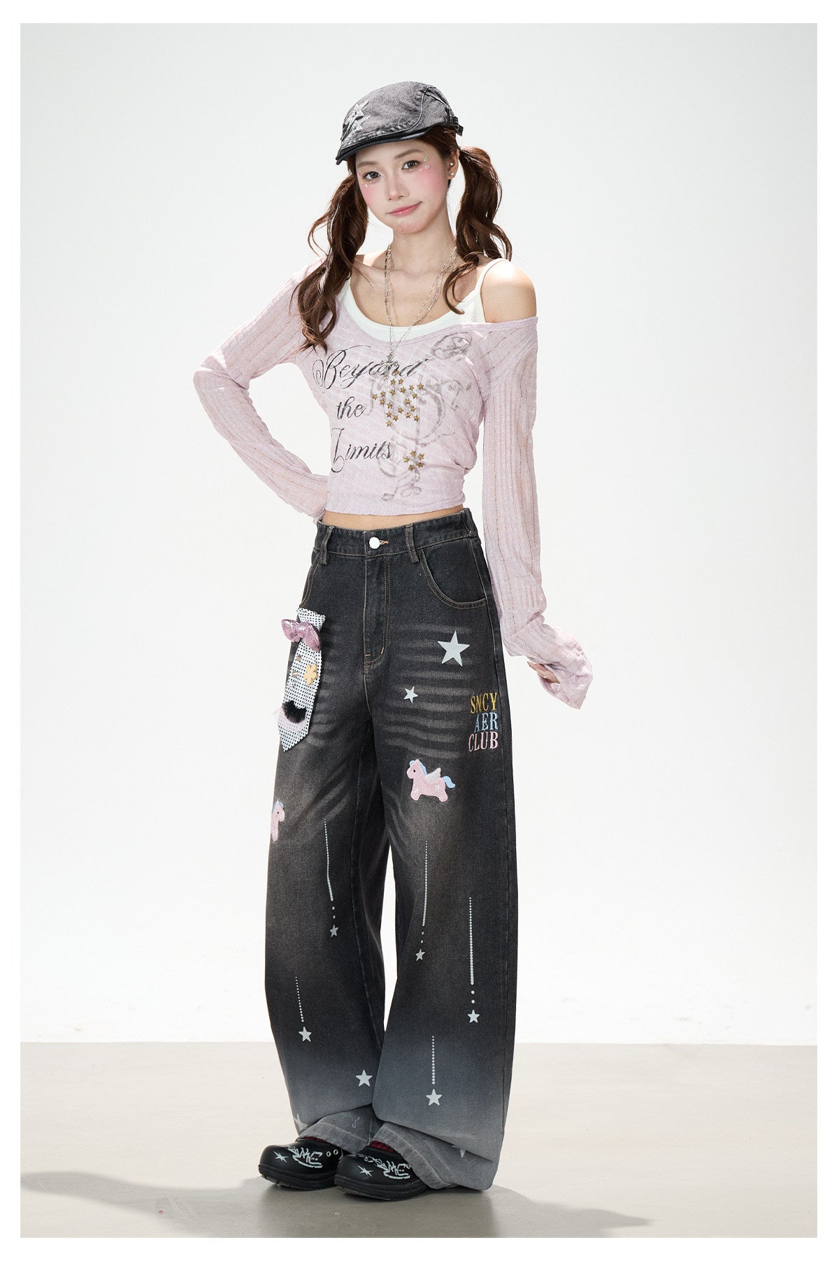 Beyond the Limits Sheer Grid Long Sleeve Top & Pony Star Wide-Leg Jeans