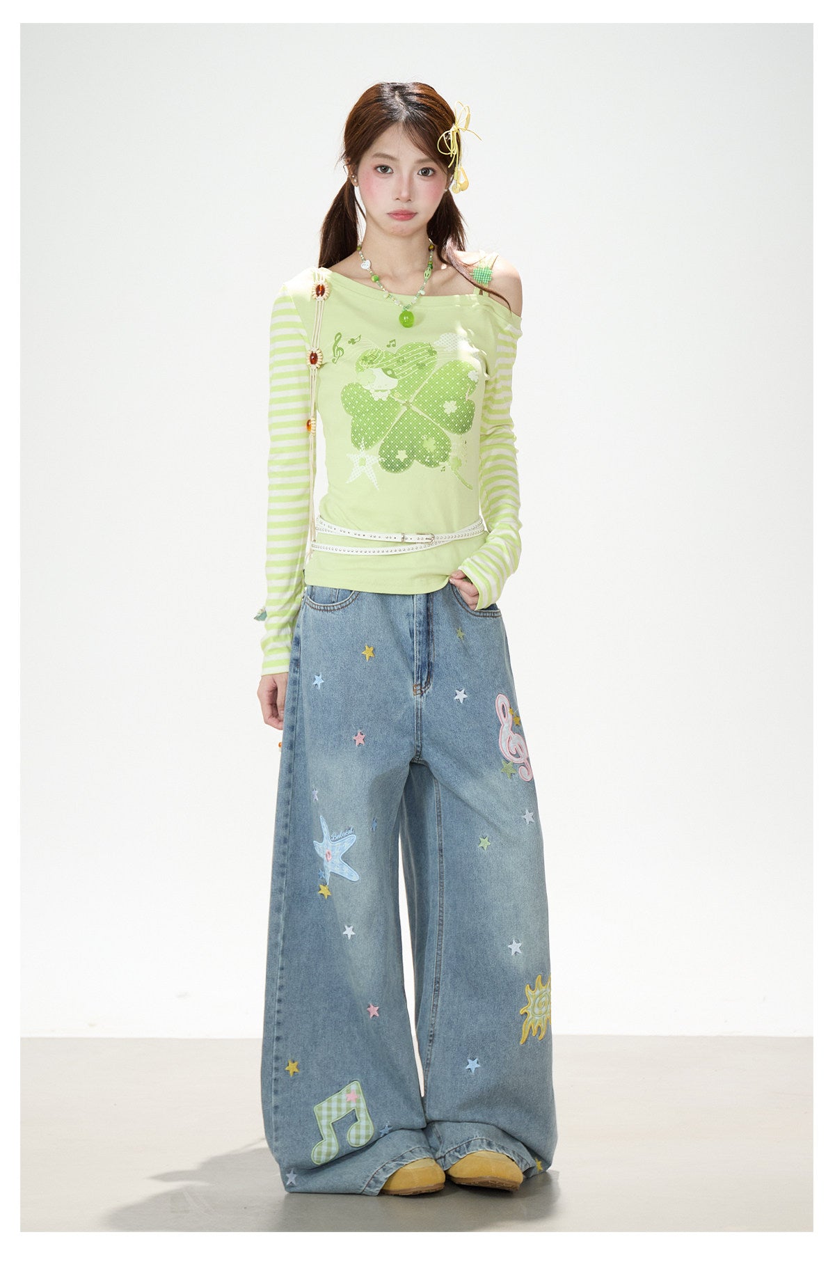 Music Note & Star Embroidered Washed Wide-Leg Jeans