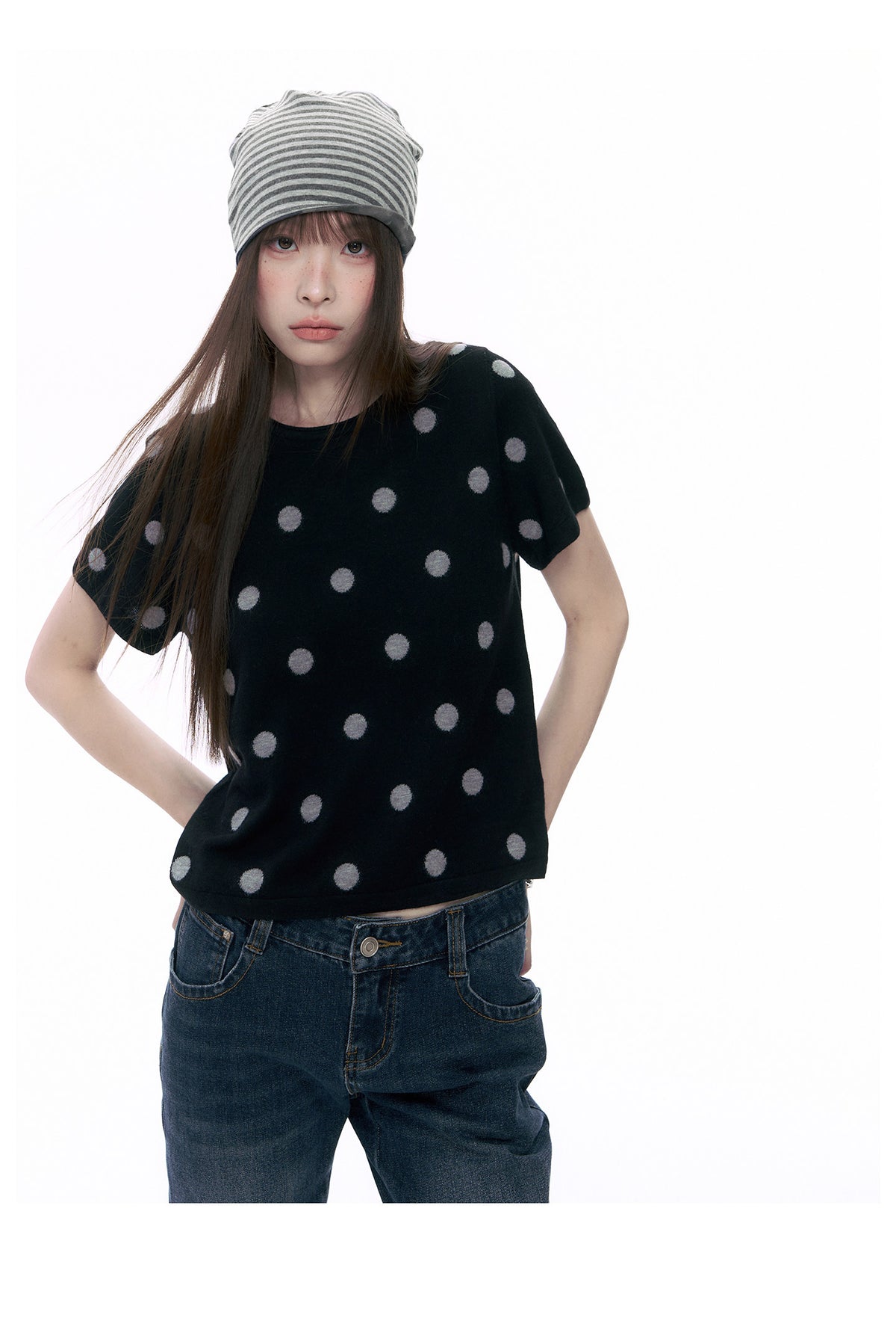 Polka Dot Wool-Blend Short Sleeve Knit Top