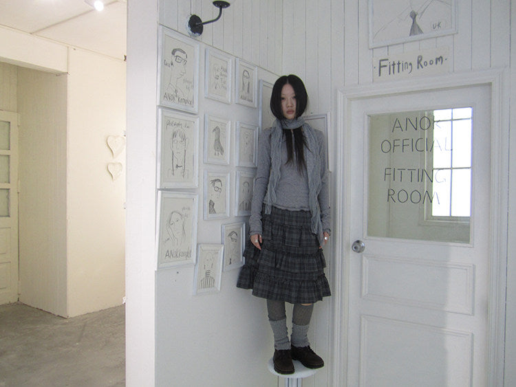 Vintage Gray Plaid Tiered Ruffle Skirt