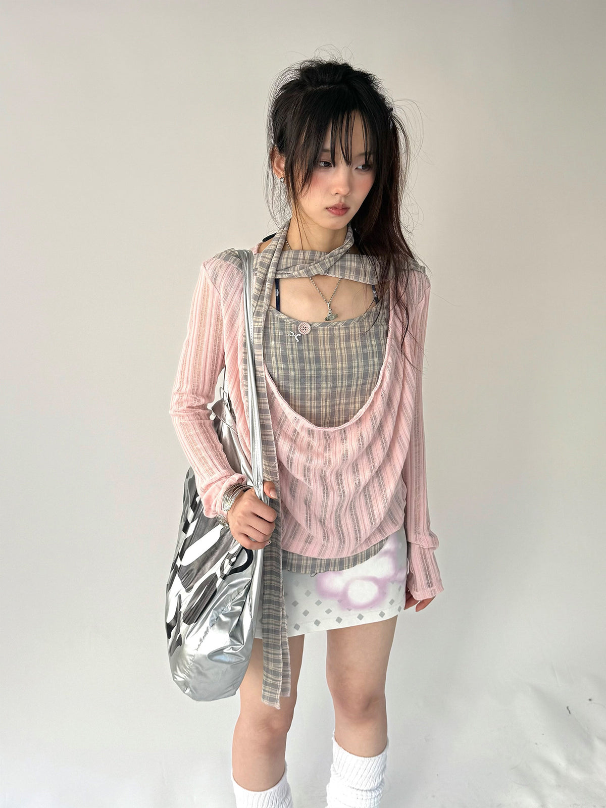 Plaid-Layered Cowl Long Sleeve Top