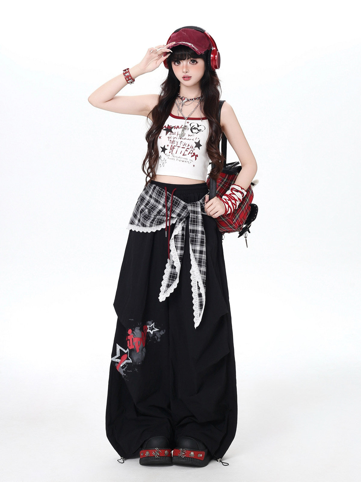 Plaid Scarf Layered Wide-Leg Cargo Pants