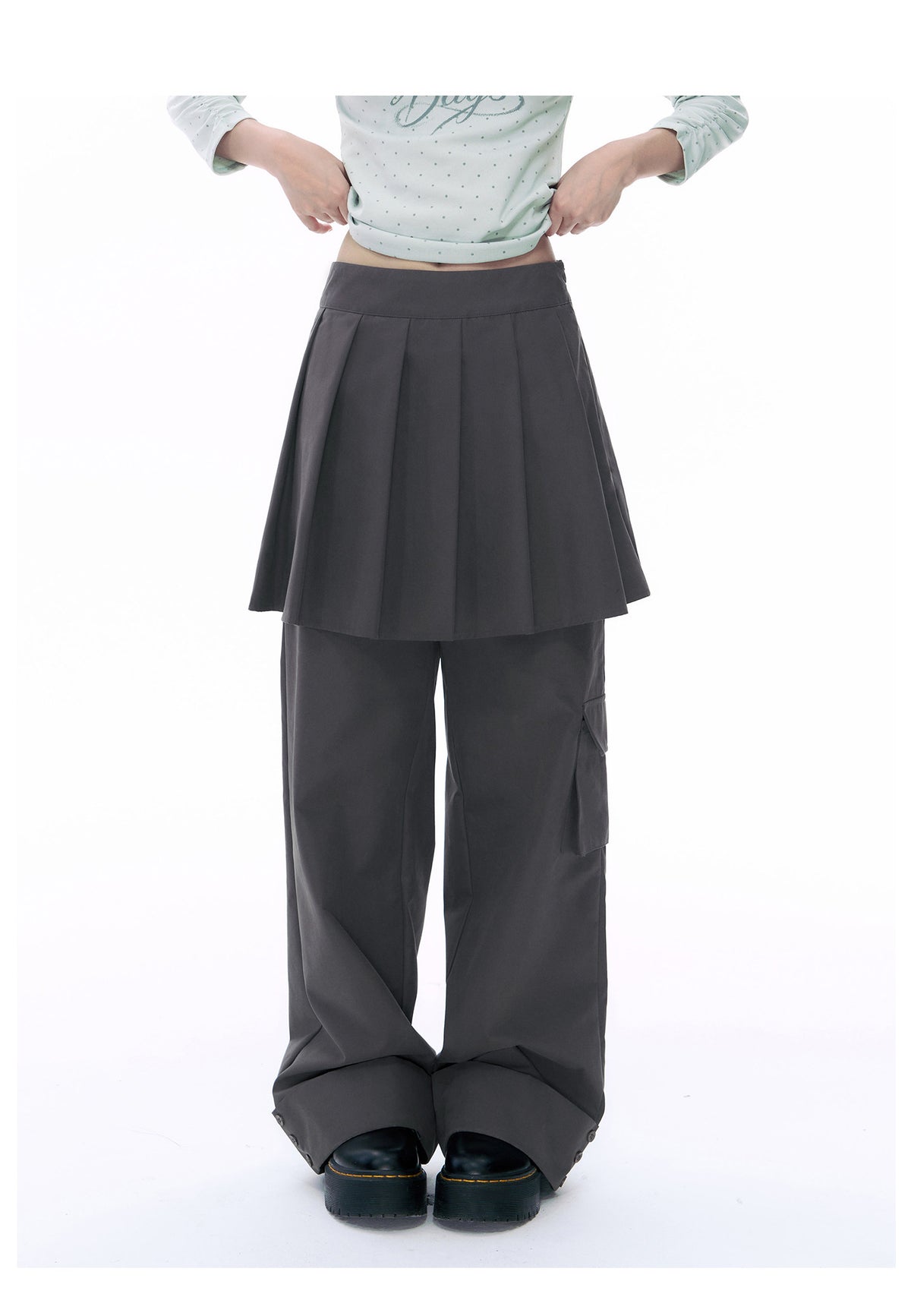 Pleated Skirt-Overlay Cargo Wide-Leg Pants