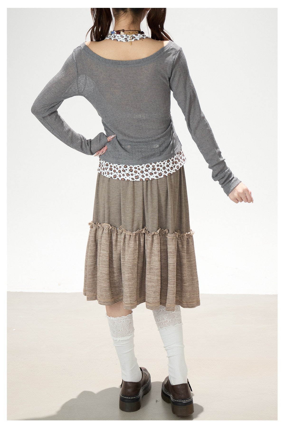 Leopard Layered Halter Long Sleeve Top & Pink Tiered Ruffle Mini Skirt