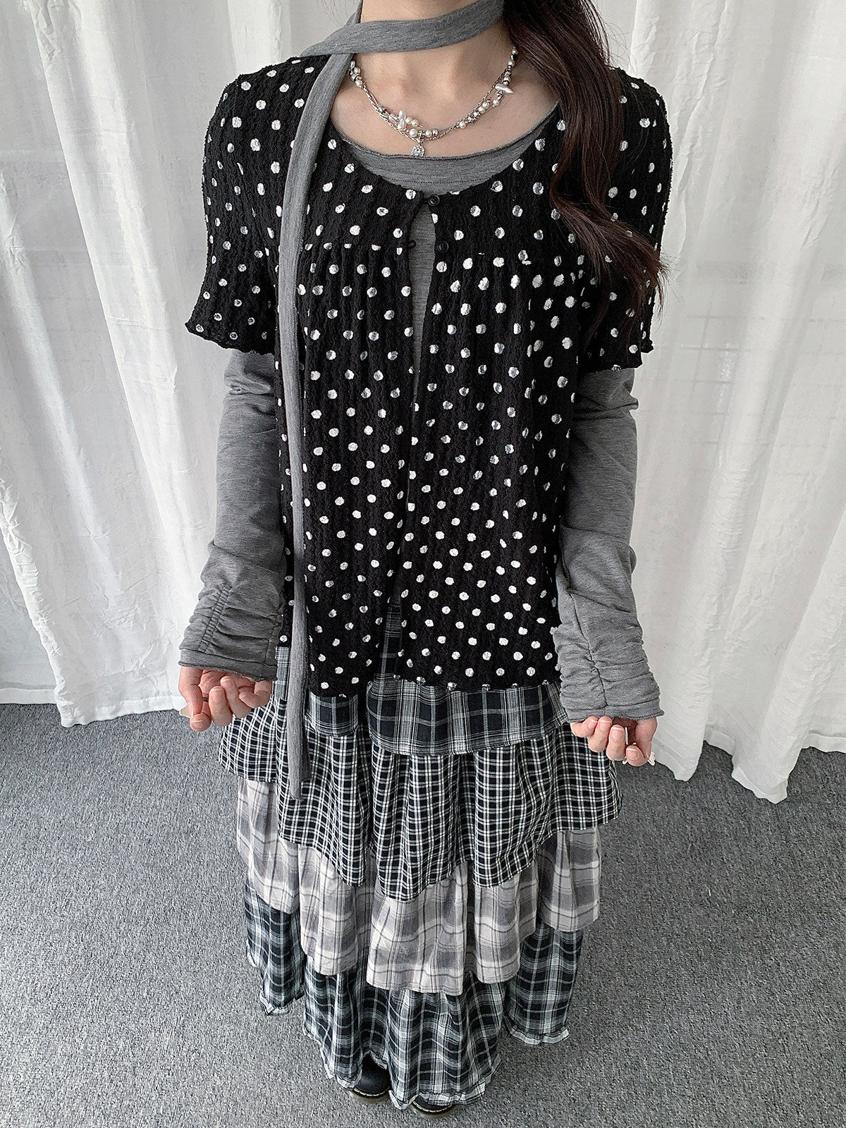 Polka Dot Layered Scarf Long Sleeve Top
