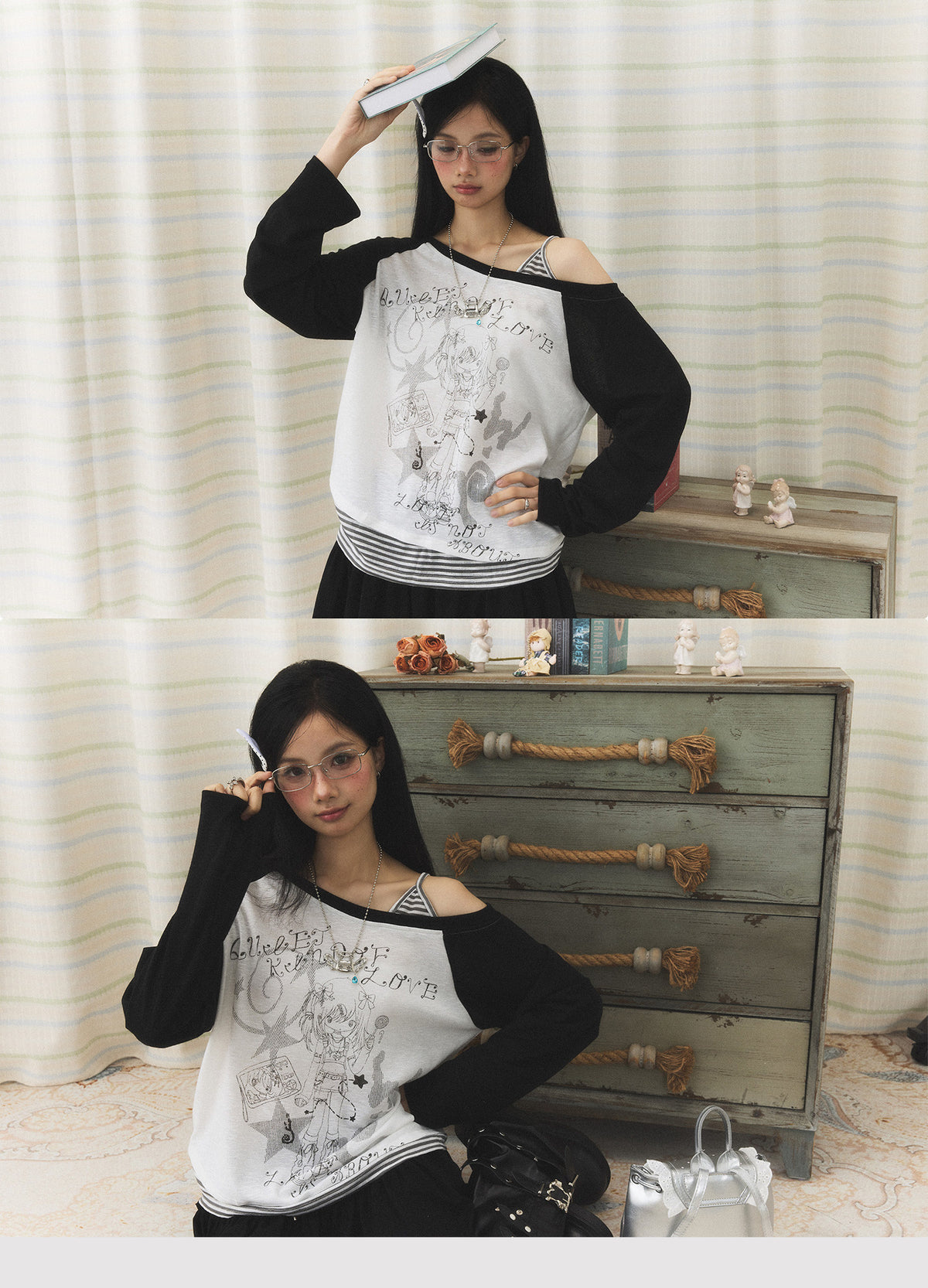 Anime Girl Asymmetric Layered Long Sleeve Top