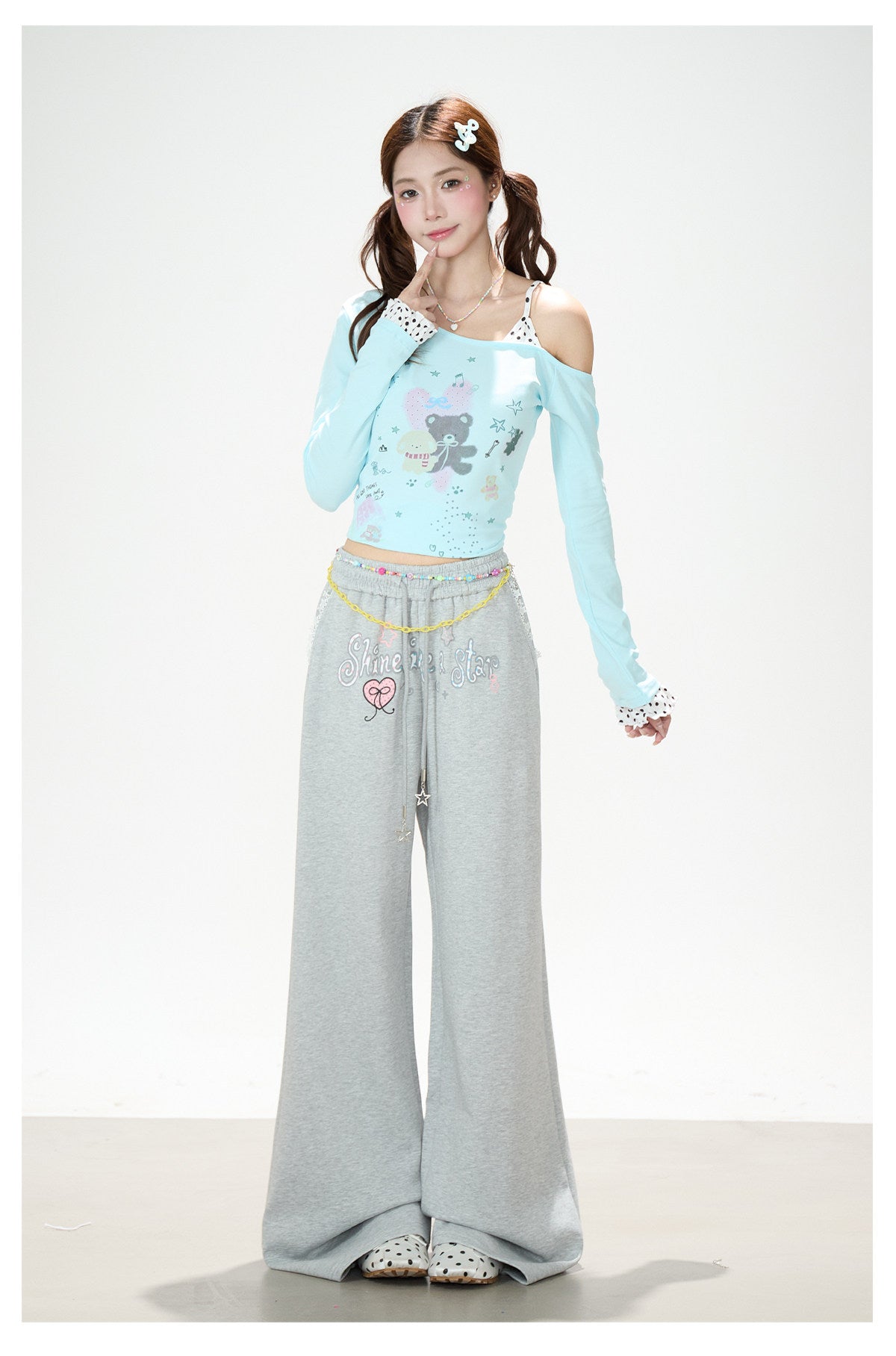 Dreamy Cartoon Off-Shoulder Layered Long Sleeve Top & Polka Dot Wide-Leg Pants