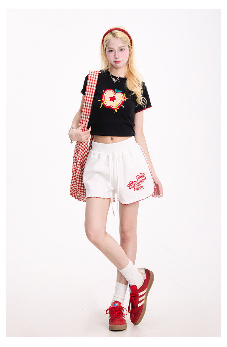 Embroidered Apple Contrast-Stitch Fitted Tee