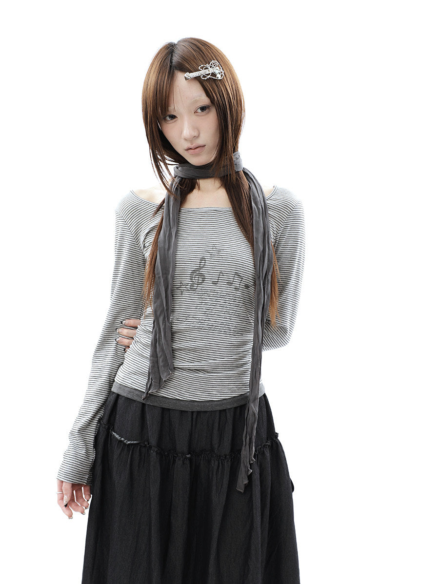 Music Note Striped Layered Long Sleeve Top with Scarf