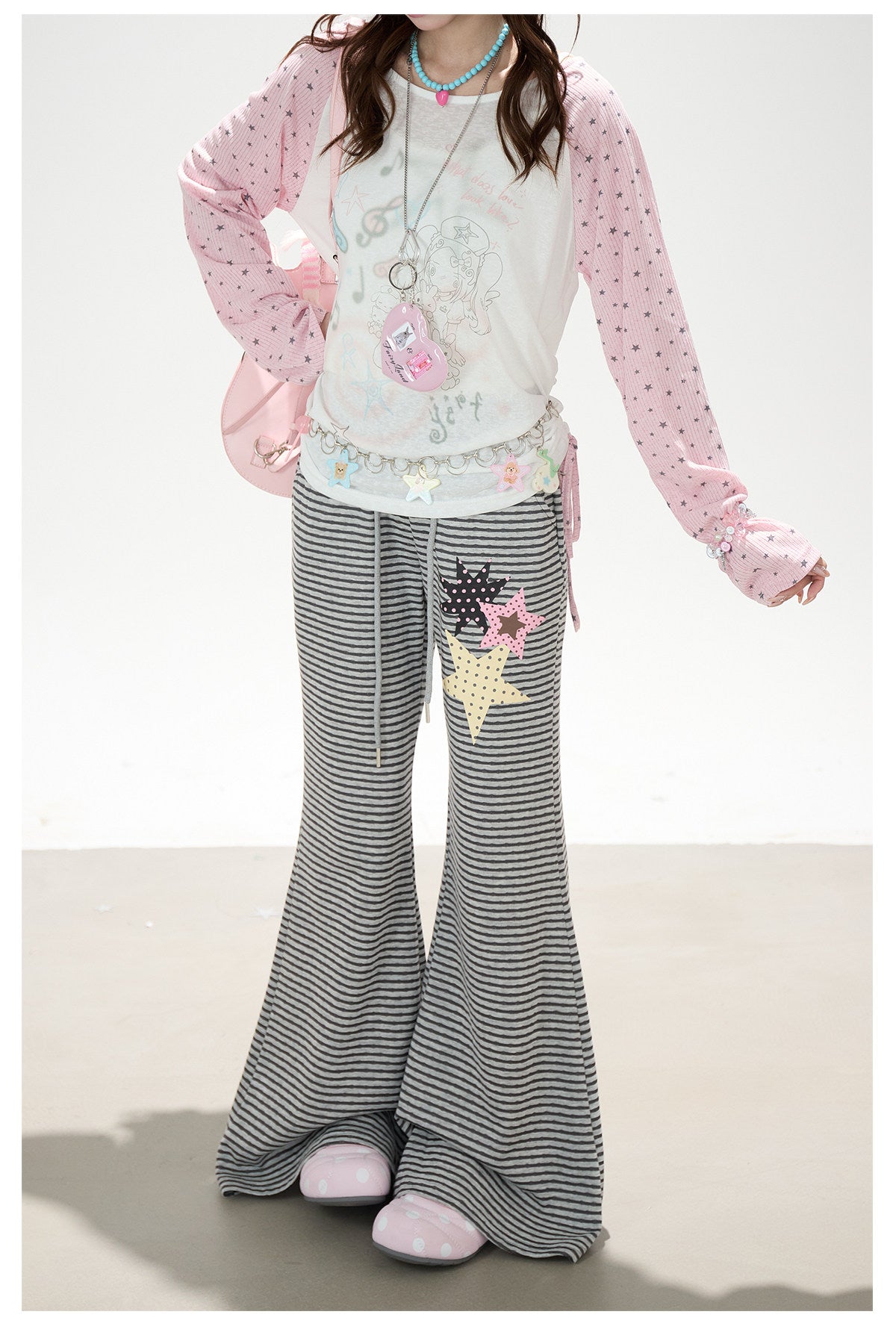 Dreamy Star Raglan Long Sleeve Top & Gray Striped Star Flare Pants