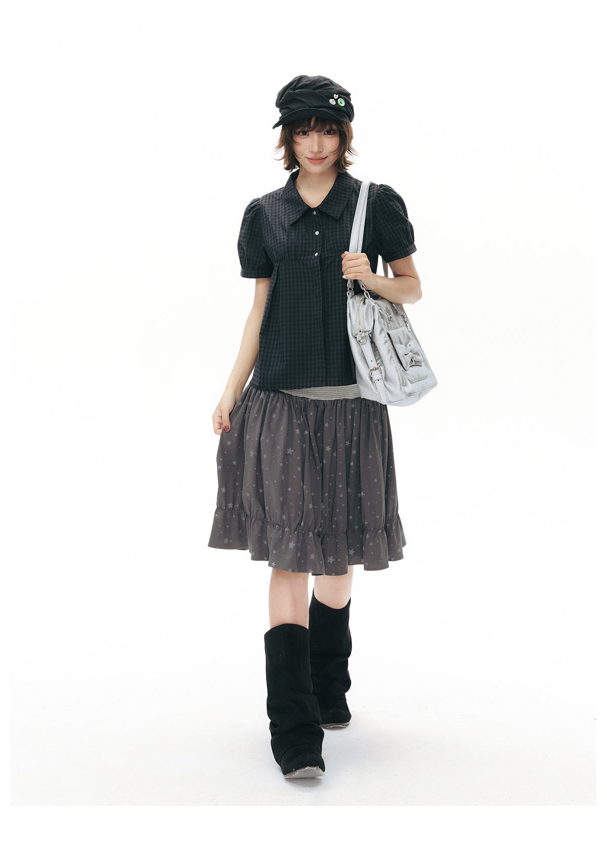 Star Print Striped-Waist Ruffle Midi Skirt