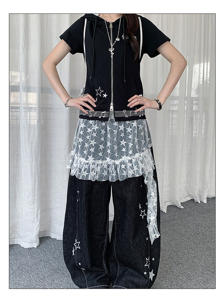 Star Embroidered Wide-Leg Jeans with Lace Overskirt
