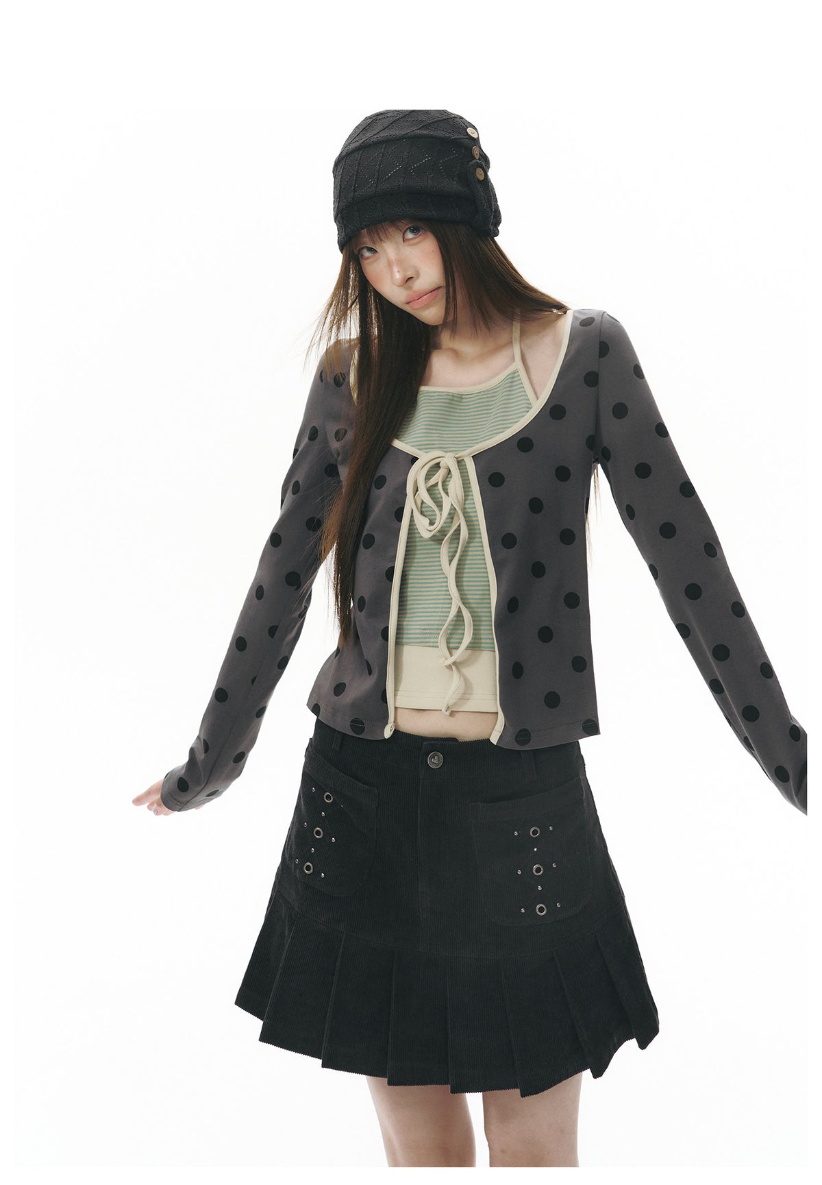 Polka Dot Tie-Front Layered Halter Long Sleeve Top
