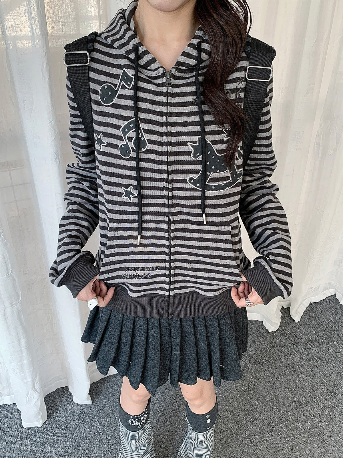 Rocking Horse & Music Appliqué Striped Zip Hoodie