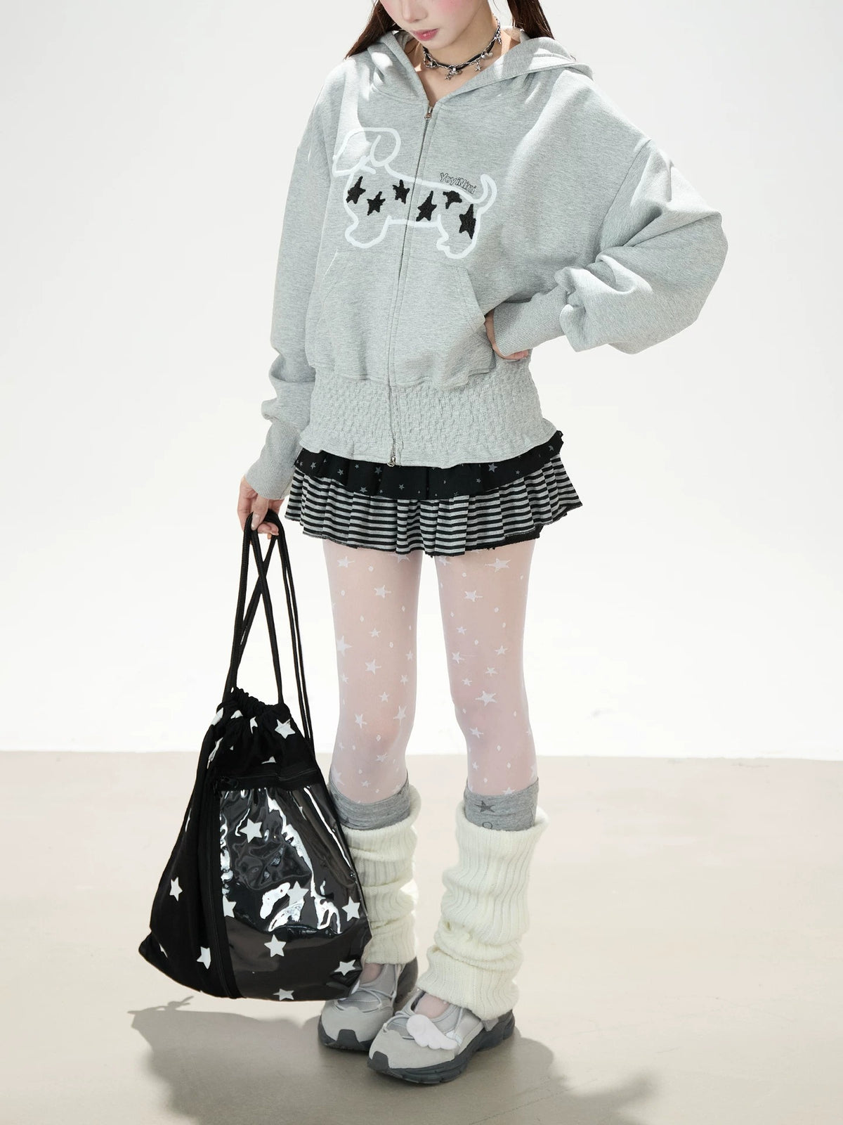 Star Puppy Zip-Up Hoodie & Black Stripe Ruffle Mini Skirt