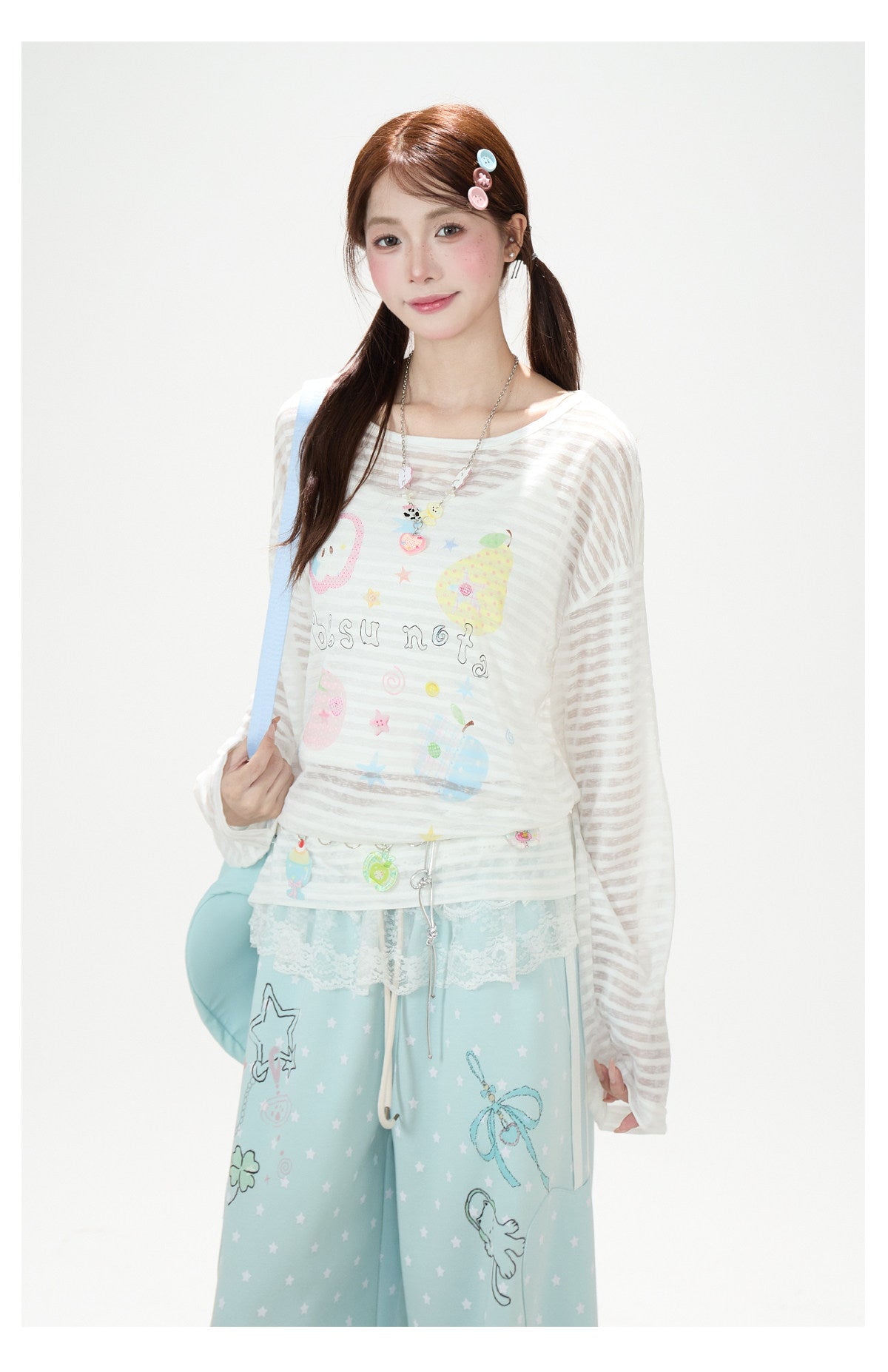 Fruit Doodle Stripe Long Sleeve Top & Polka-Dot Wide-Leg Pants