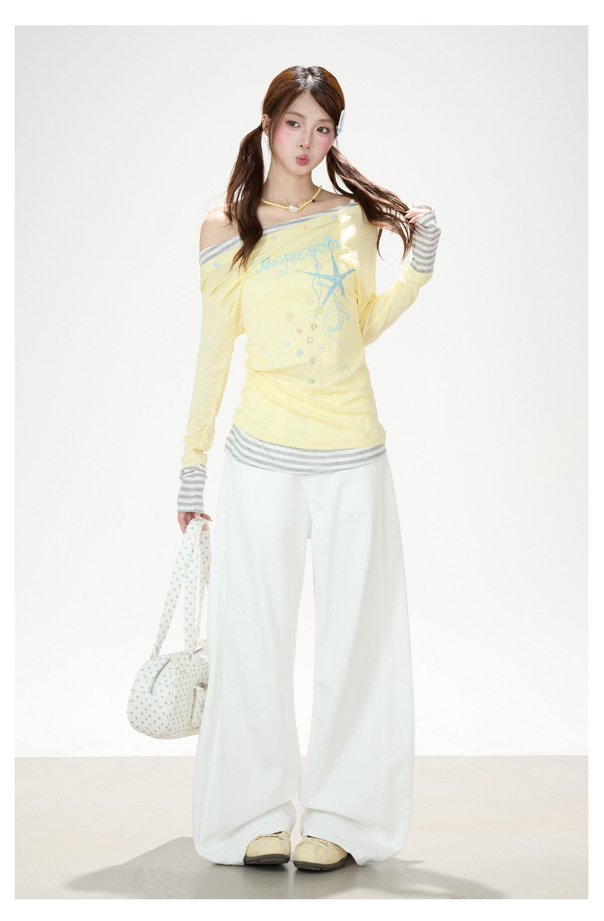 Starfish Stripe Off-Shoulder Layered Long Sleeve Top & Graphic Wide-Leg Pants