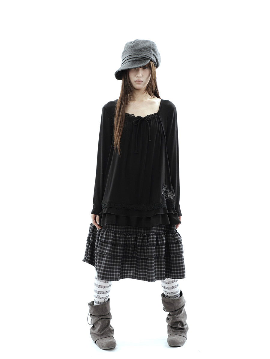 Star Embroidered Lace-Hem Tie Long Sleeve Top
