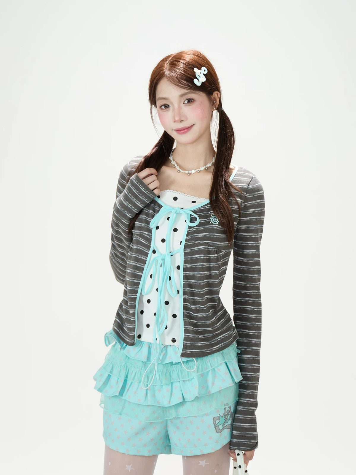 Polka-Dot Lace-Up Layered Long Sleeve Top & White Mini Skirt