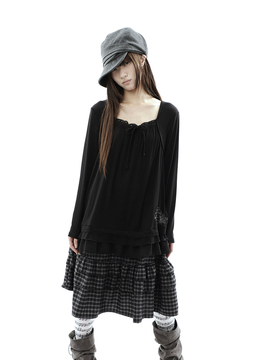 Star Embroidered Lace-Hem Tie Long Sleeve Top