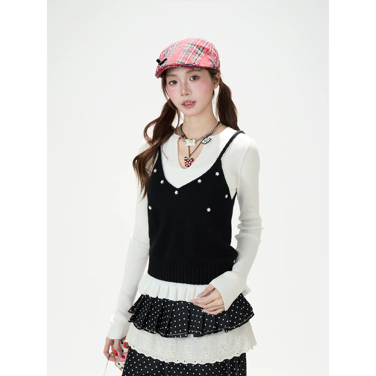 Soft Stripe Knit Vest & Long Sleeve Layered Two-Piece Set