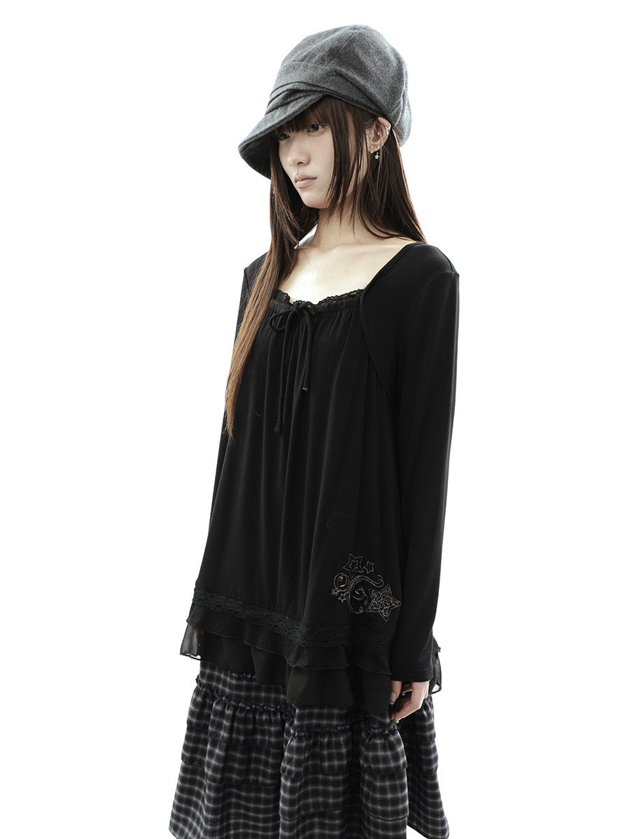 Star Embroidered Lace-Hem Tie Long Sleeve Top