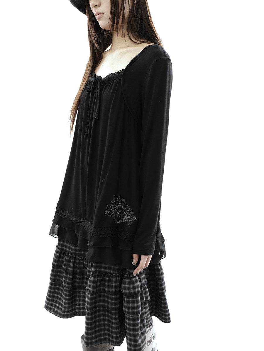 Star Embroidered Lace-Hem Tie Long Sleeve Top