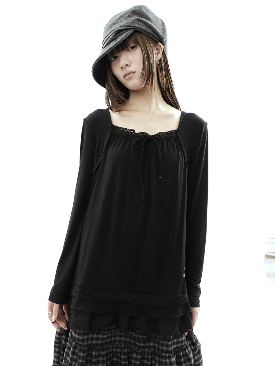 Star Embroidered Lace-Hem Tie Long Sleeve Top