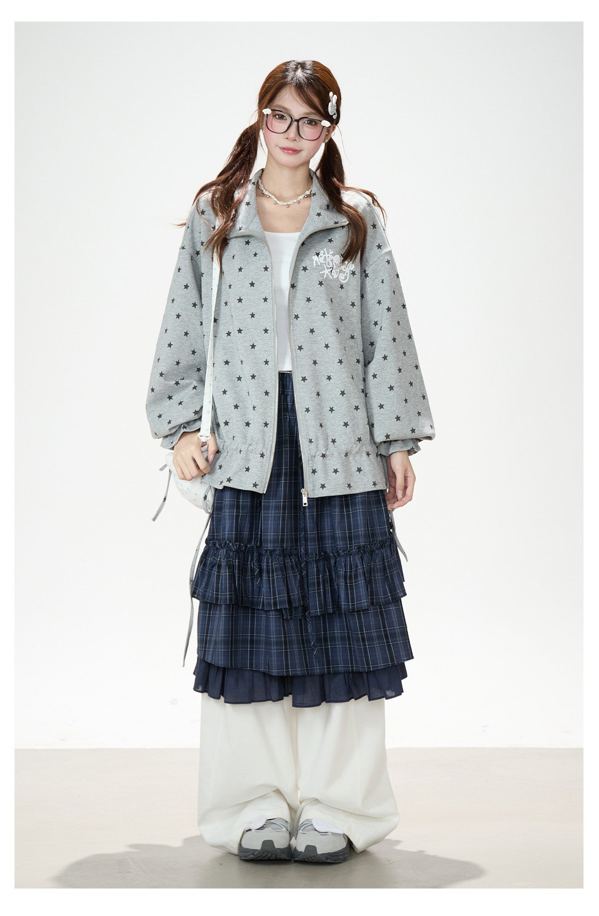 Allover Star Zip-Up Sweatshirt Jacket & Blue Plaid Tiered Midi Skirt
