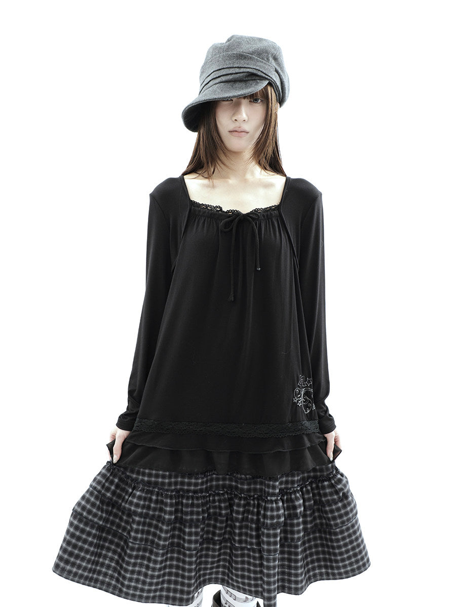 Star Embroidered Lace-Hem Tie Long Sleeve Top