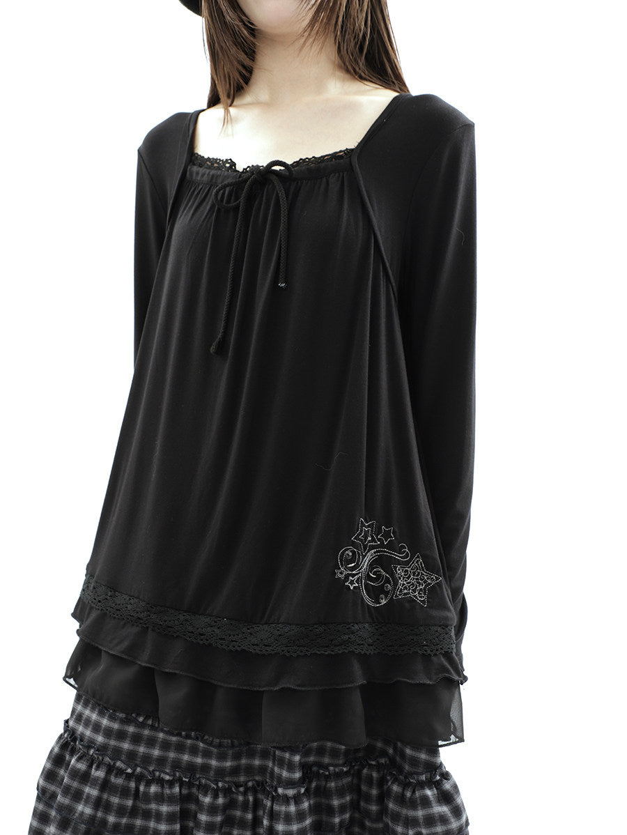 Star Embroidered Lace-Hem Tie Long Sleeve Top