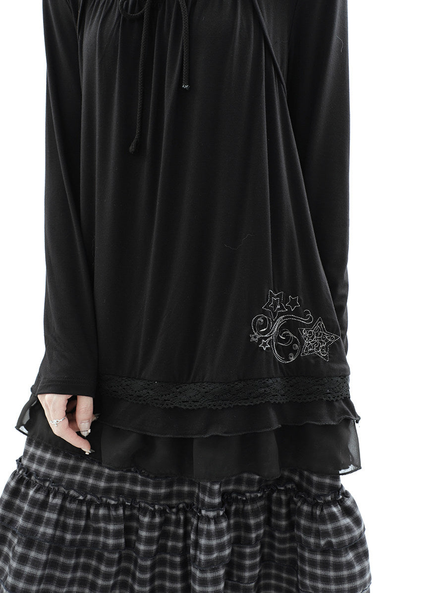 Star Embroidered Lace-Hem Tie Long Sleeve Top