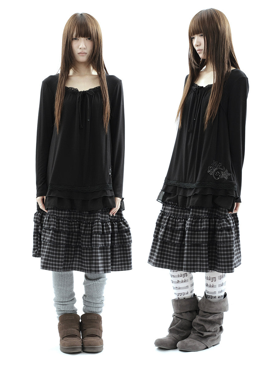 Star Embroidered Lace-Hem Tie Long Sleeve Top