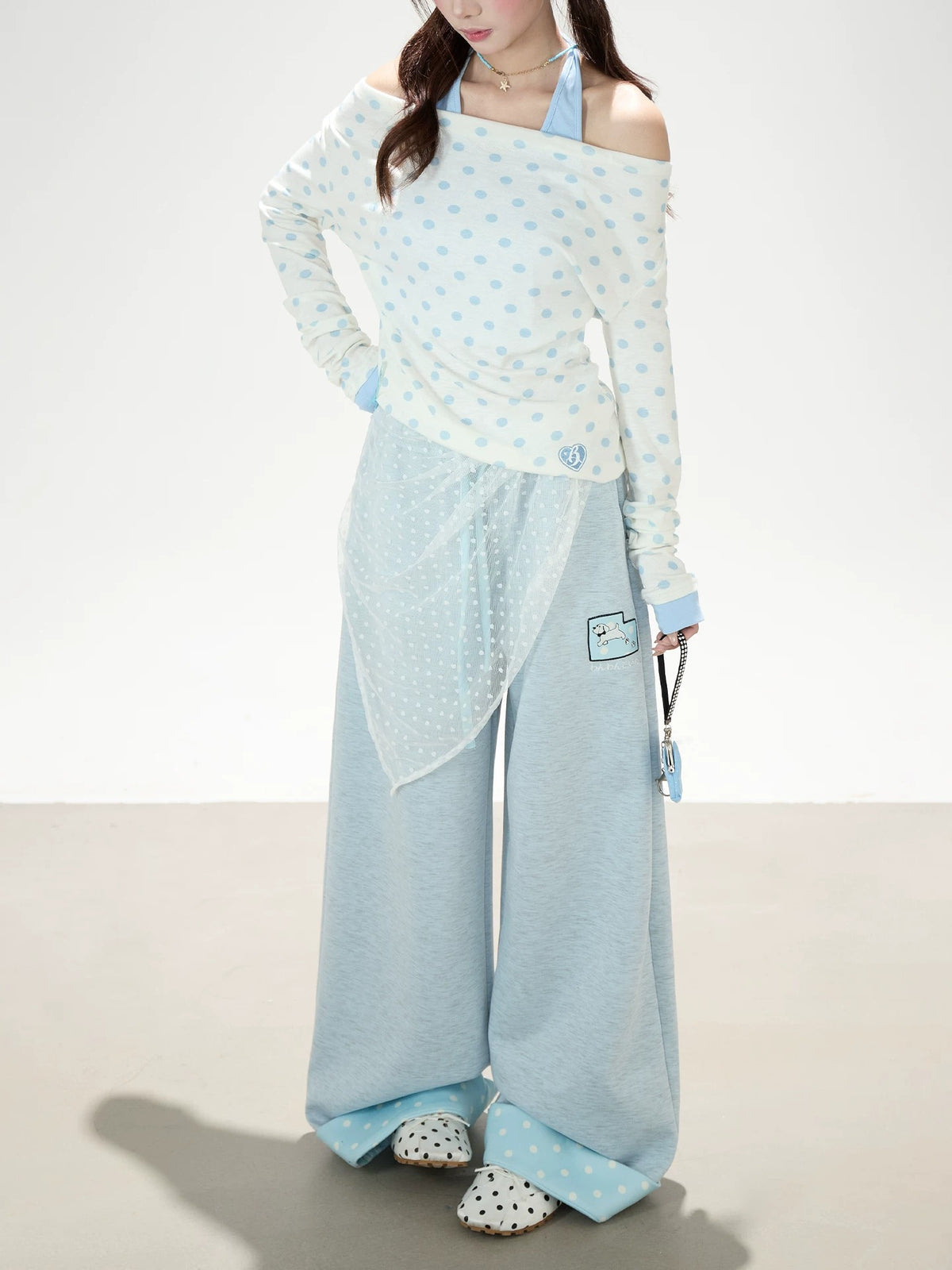 Polka-Dot Off-Shoulder Layered Long Sleeve Top & Blue Wide-Leg Pants