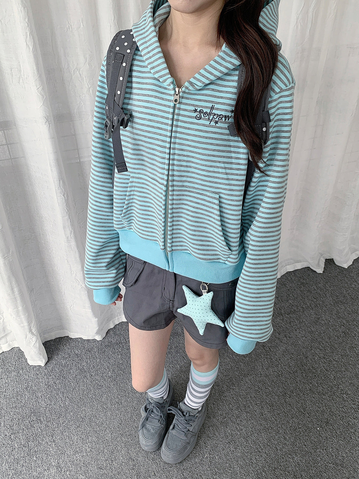 Mint Stripe Zip-Up Hoodie & Gray Utility Shorts