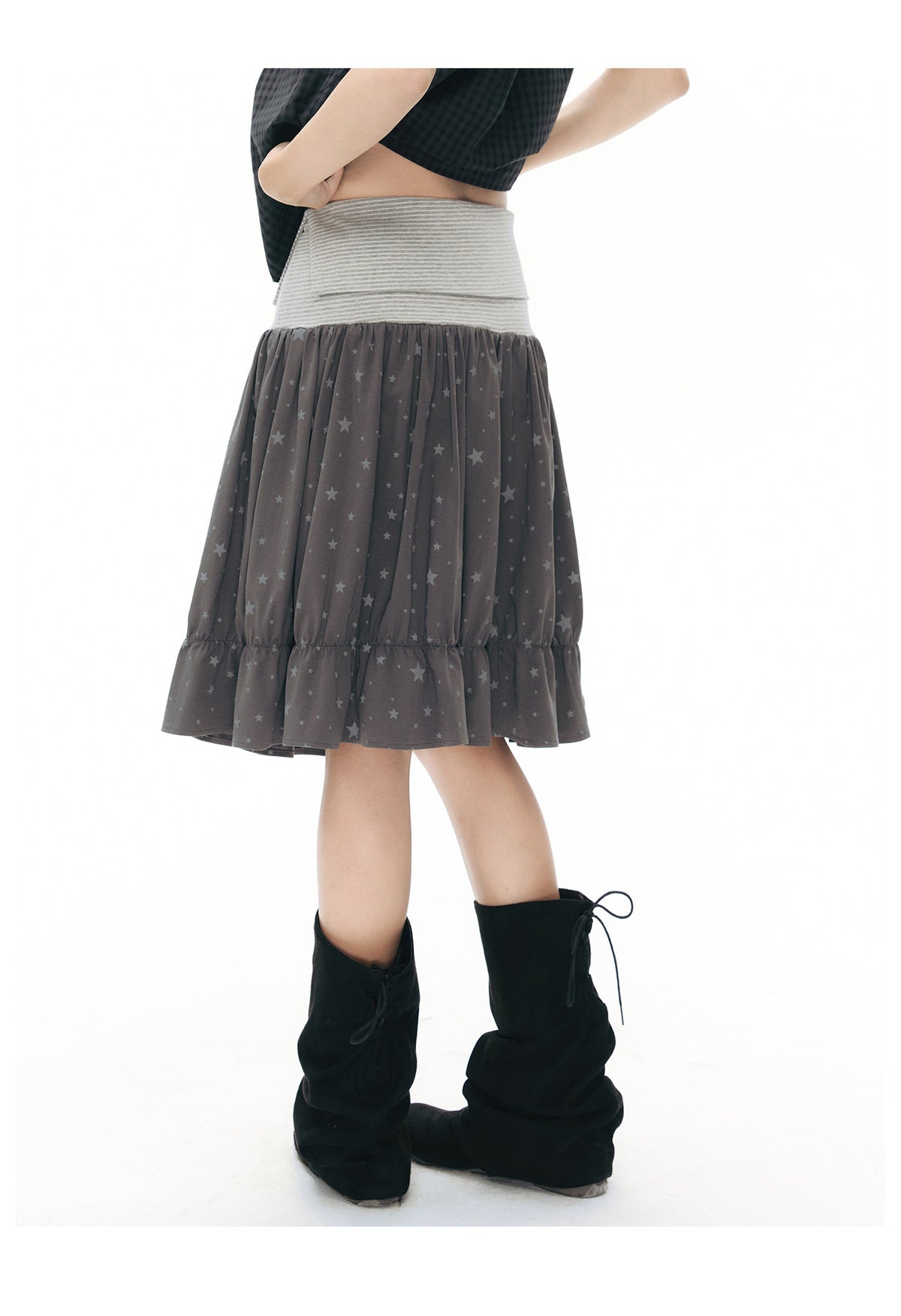Star Print Striped-Waist Ruffle Midi Skirt