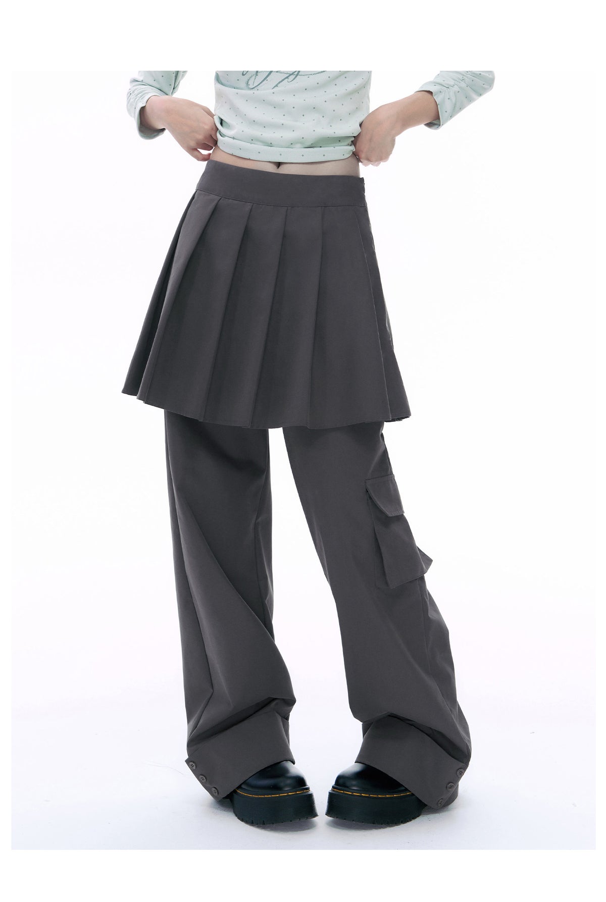 Pleated Skirt-Overlay Cargo Wide-Leg Pants