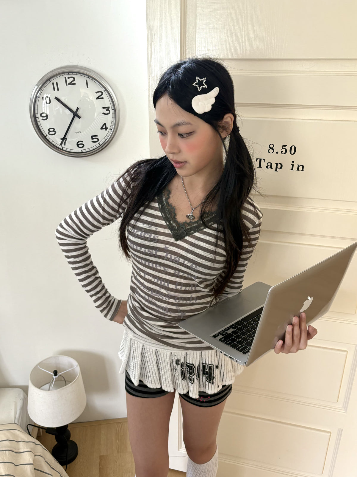 Gray Stripe Lace V-Neck Graphic Long Sleeve Tee