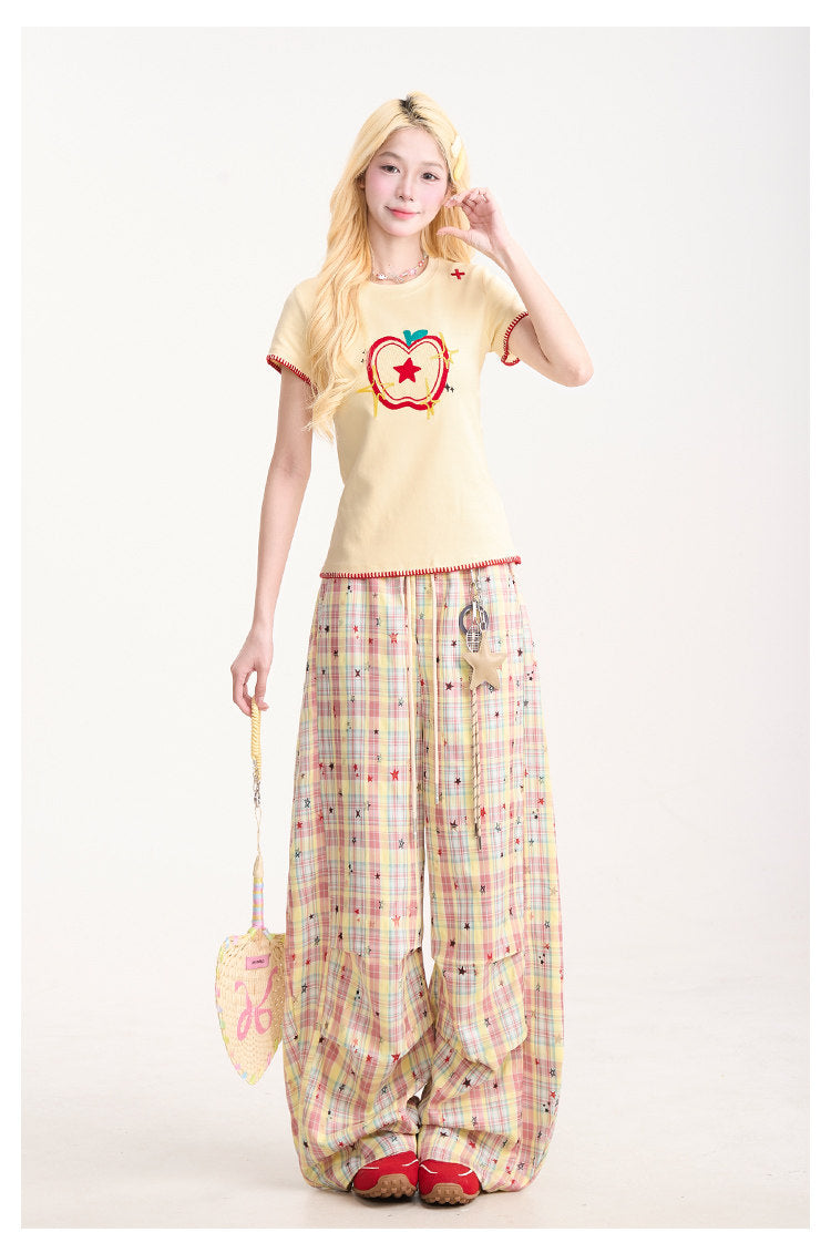 Embroidered Apple Contrast-Stitch Fitted Tee