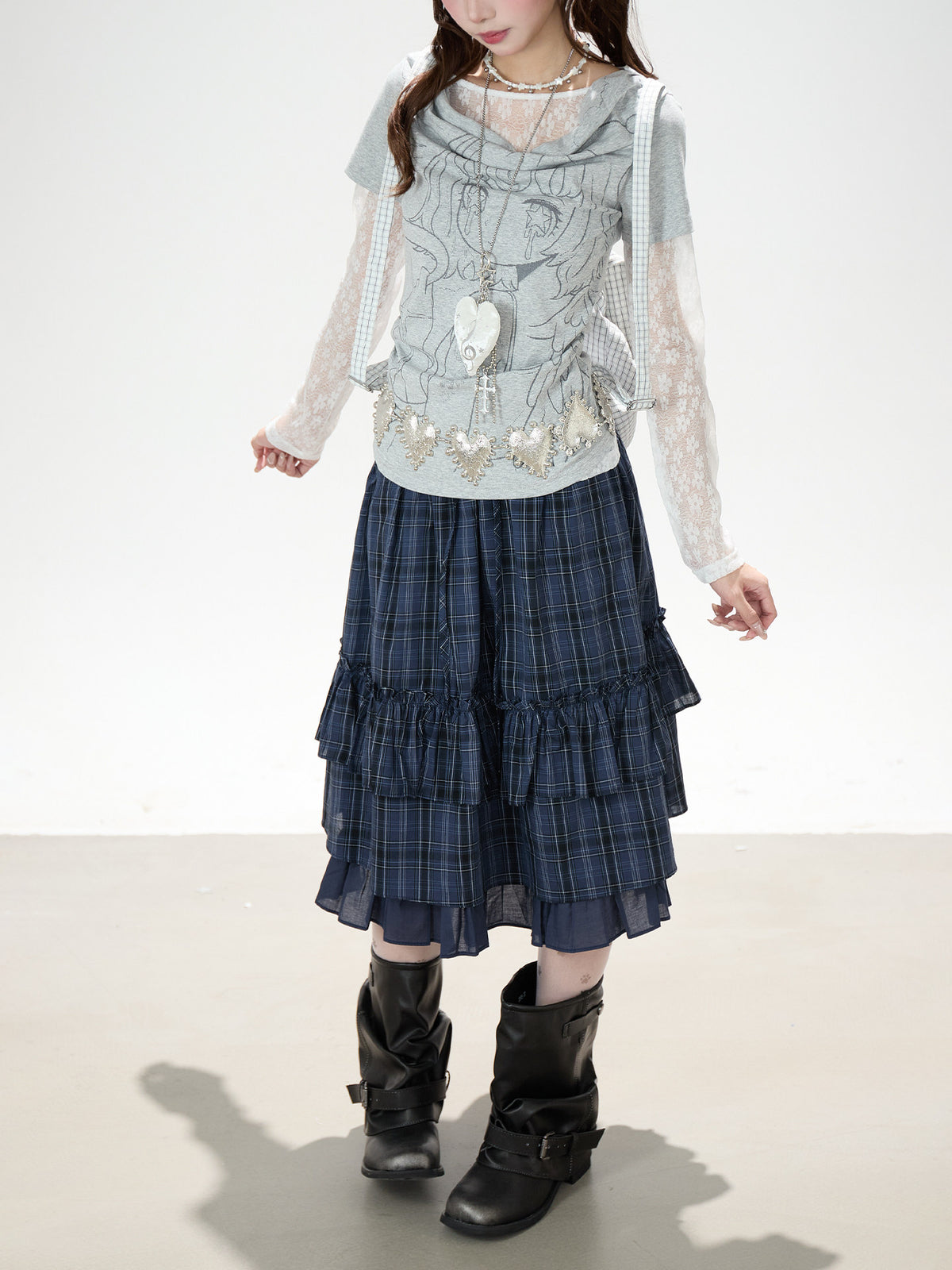 Lace Layered Cowl Neck Graphic Top & Navy Plaid Tiered Midi Skirt
