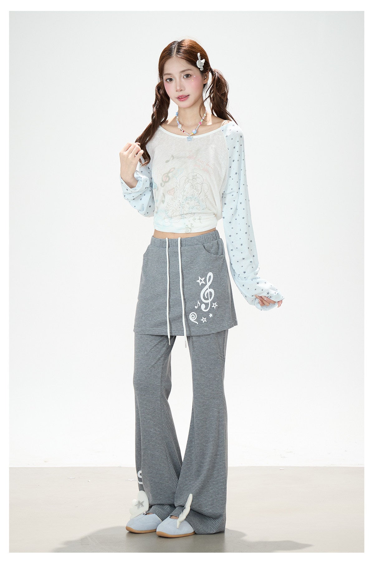 Dreamy Star Raglan Long Sleeve Top & Gray Striped Star Flare Pants