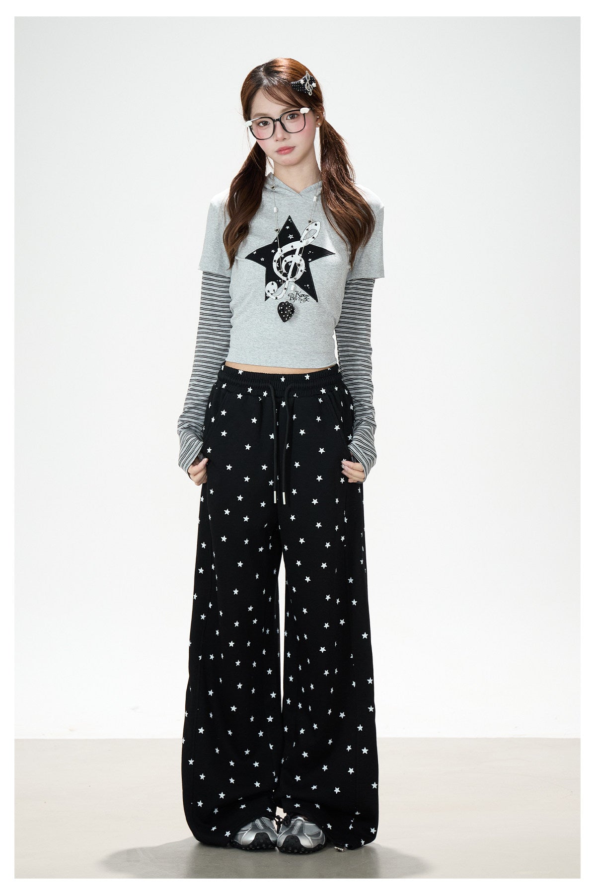 Music Note Star Layered Hoodie Top & Polka Dot Tie-Waist Wide-Leg Pants