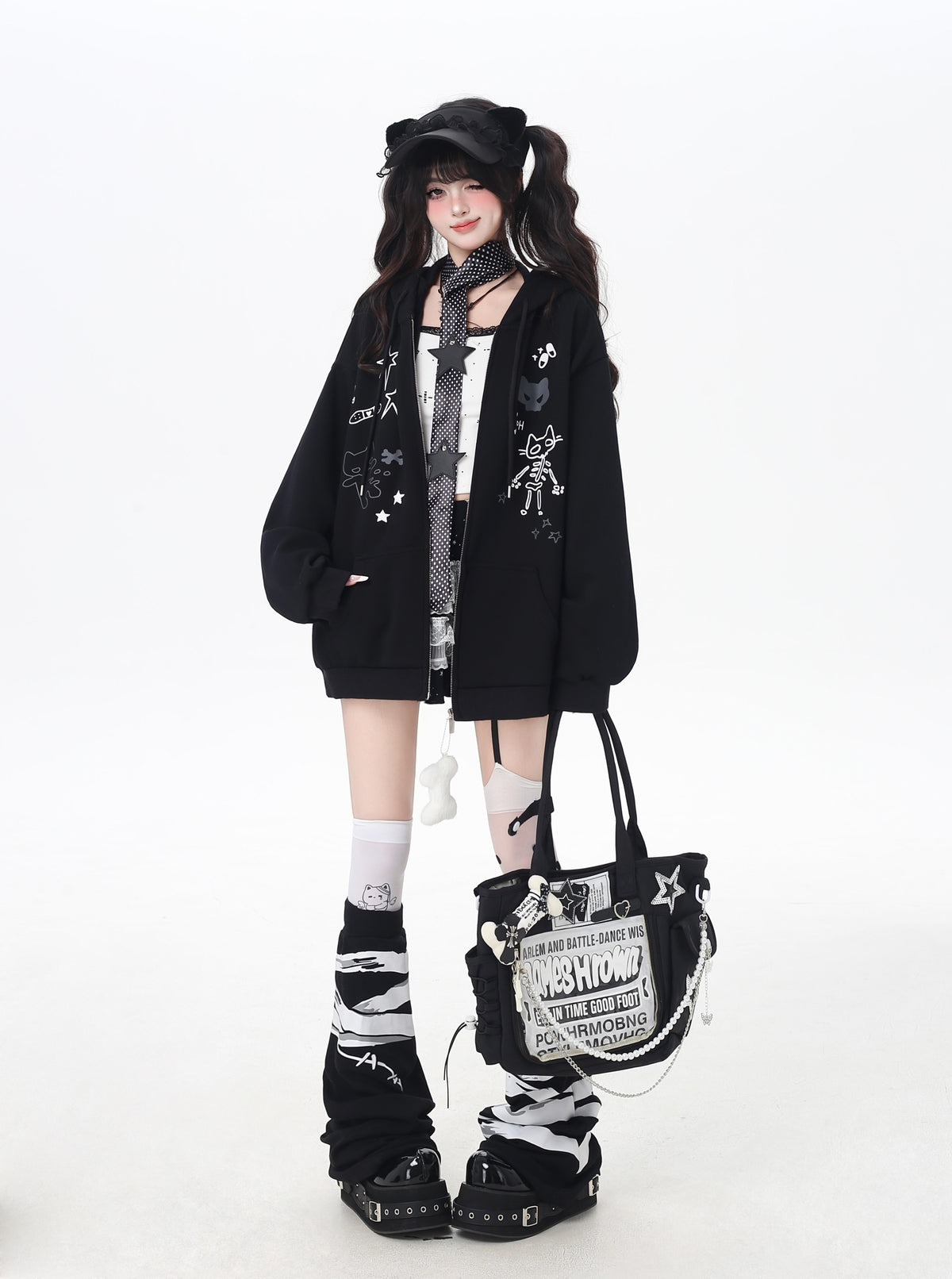 Cat Ear Bow Graphic Zip Hoodie