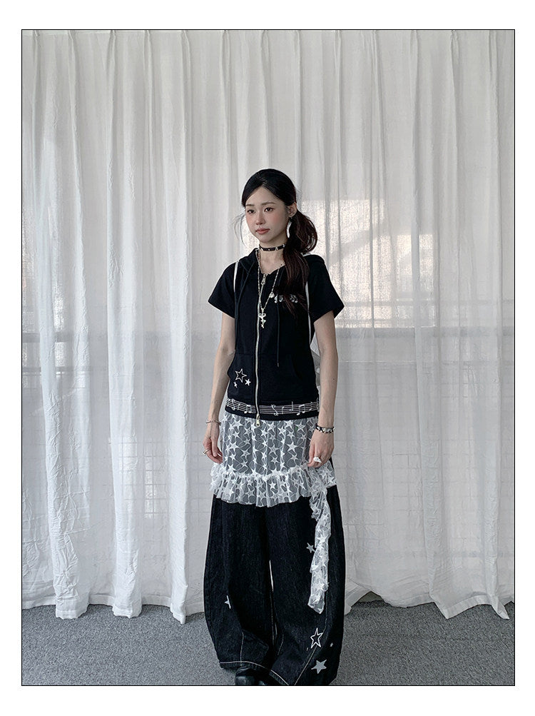 Star Embroidered Wide-Leg Jeans with Lace Overskirt
