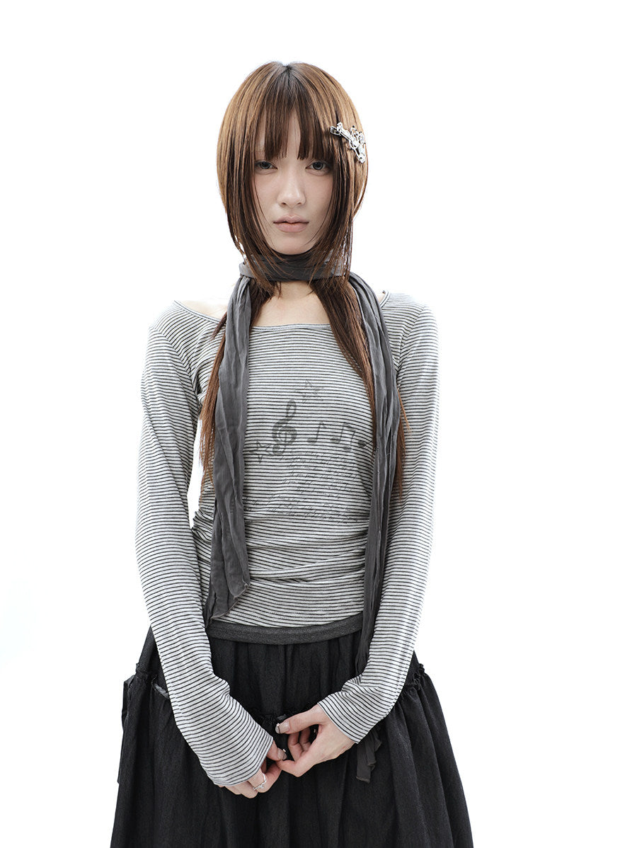 Music Note Striped Layered Long Sleeve Top with Scarf