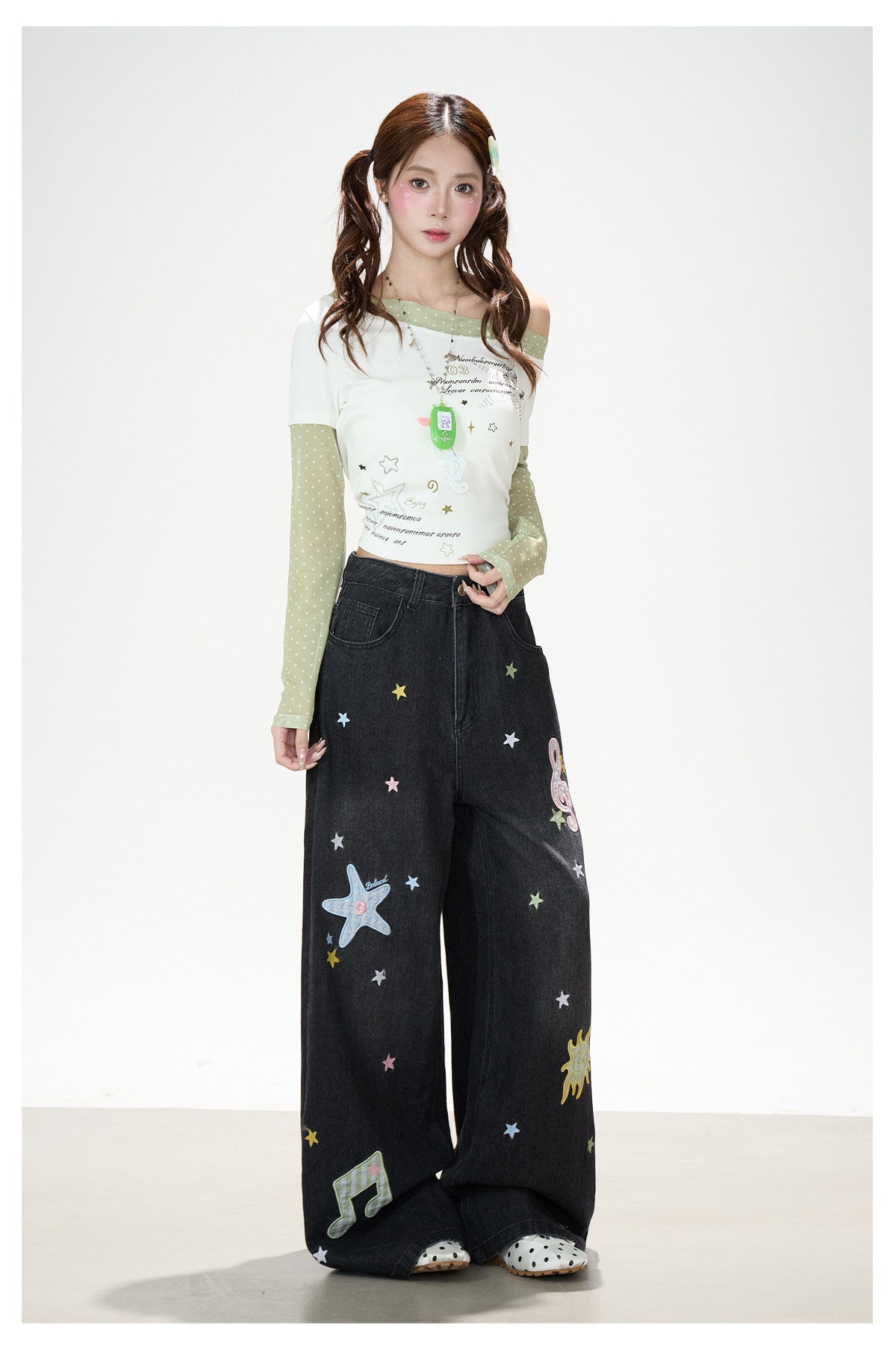 Star Polka-Dot Off-Shoulder Layered Long Sleeve Top & Music Note Star Wide-Leg Jeans