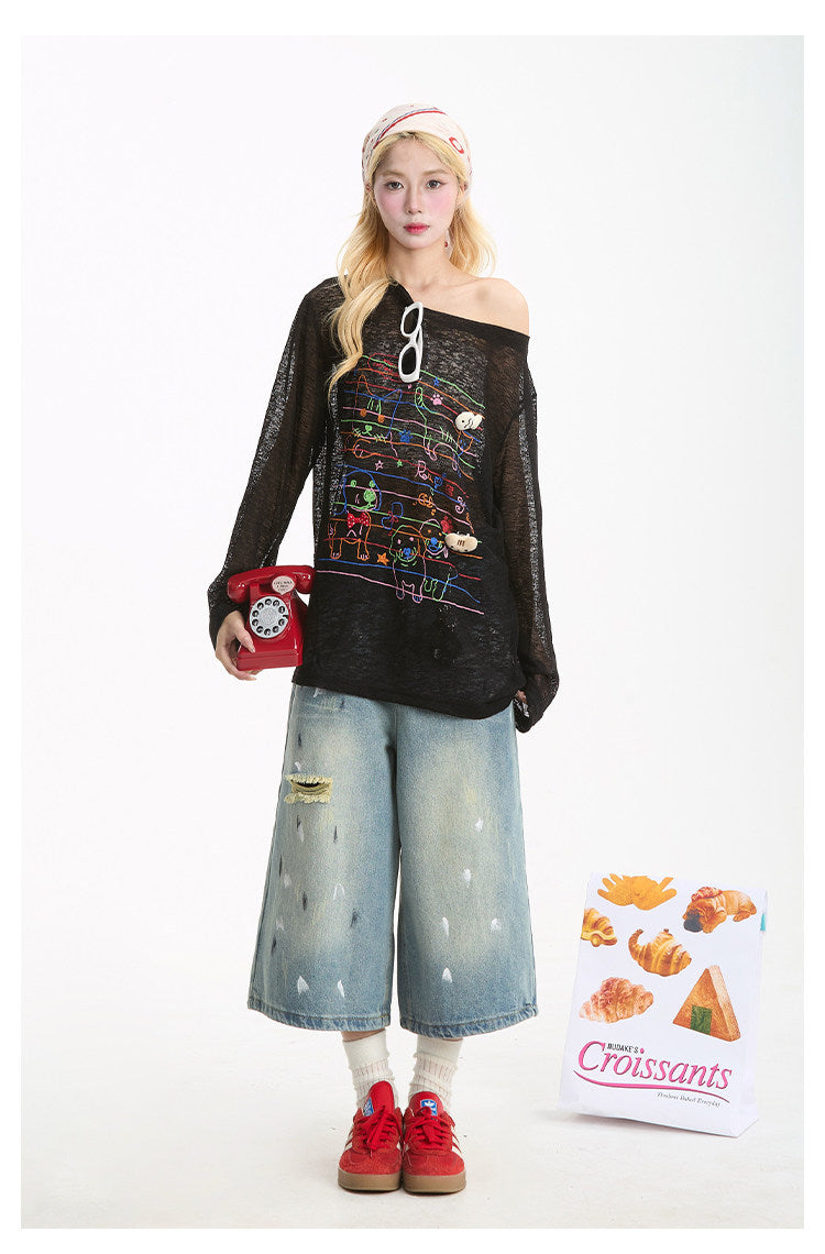 Cat & Puppy Sheer Graphic Long Sleeve Top
